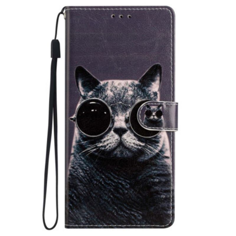 Futrola iPhone 15 Plus Mačka S Naočalama S Remenom