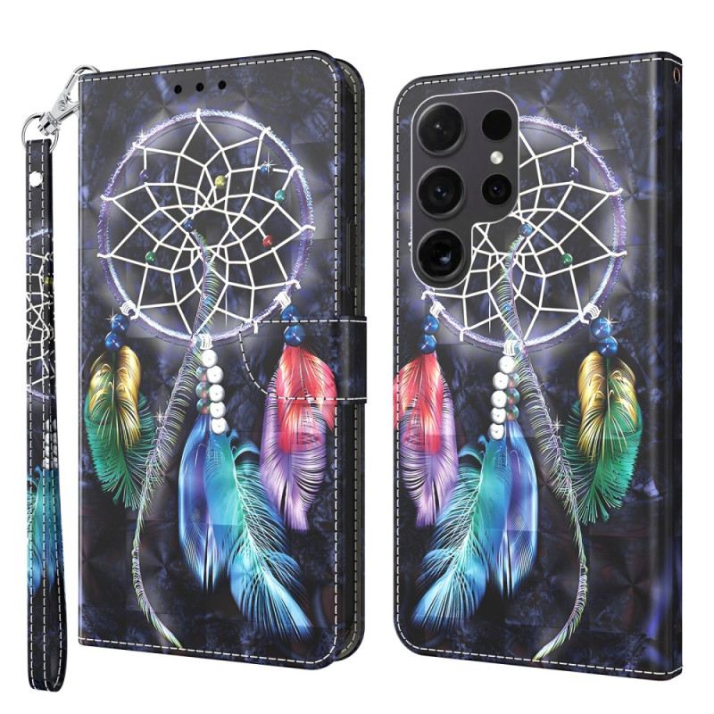 Kožna Futrola Za Samsung Galaxy S24 Ultra 5g Hvatač Snova Na Crnoj Pozadini S Remenom