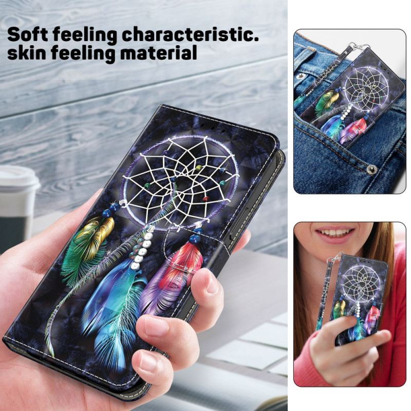Kožna Futrola Za Samsung Galaxy S24 Ultra 5g Hvatač Snova Na Crnoj Pozadini S Remenom