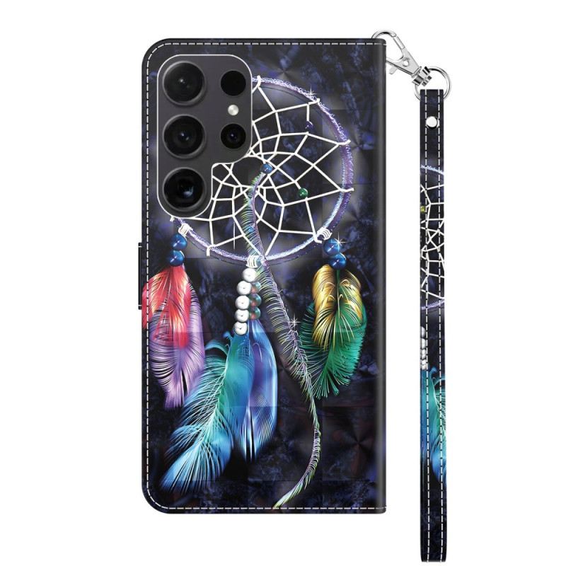 Kožna Futrola Za Samsung Galaxy S24 Ultra 5g Hvatač Snova Na Crnoj Pozadini S Remenom