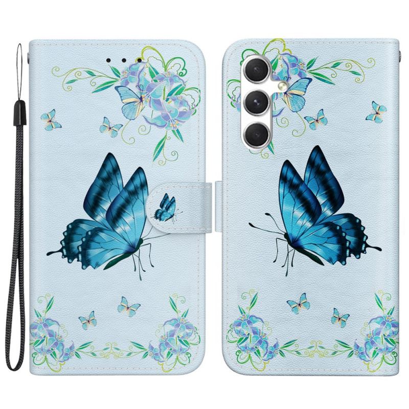 Kožna Futrola Za Samsung Galaxy S24 Plus 5g Plavi Leptir I Cvijet S Remenom