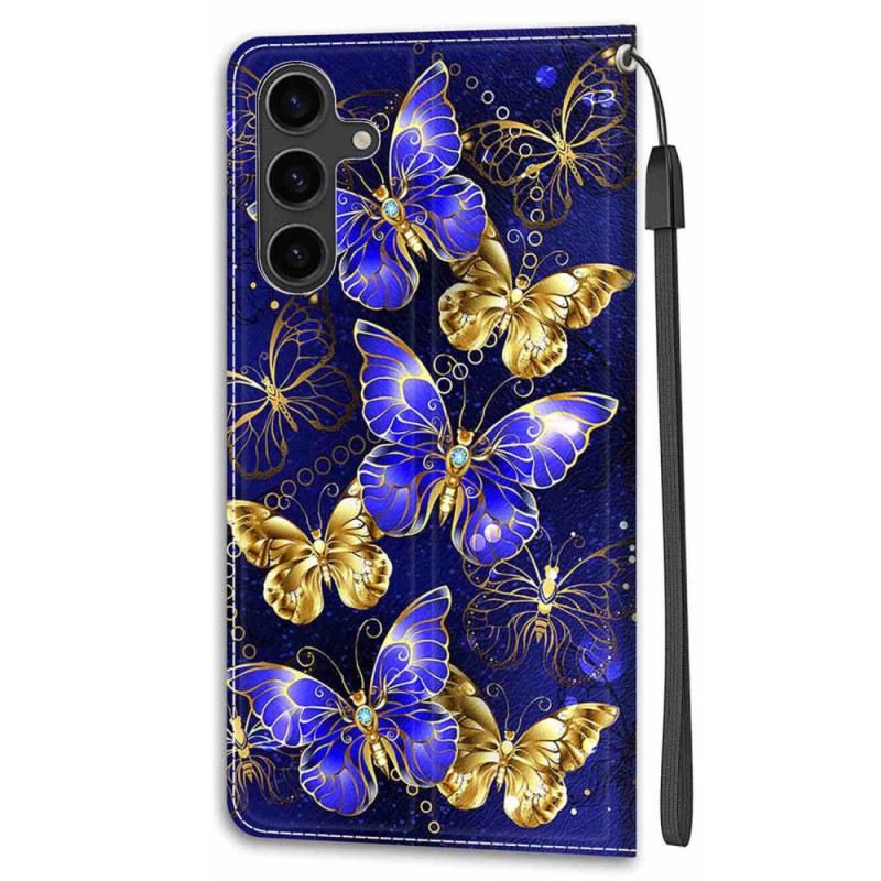 Kožna Futrola Za Samsung Galaxy S24 Plus 5g Zlatni I Ljubičasti Leptiri S Remenom