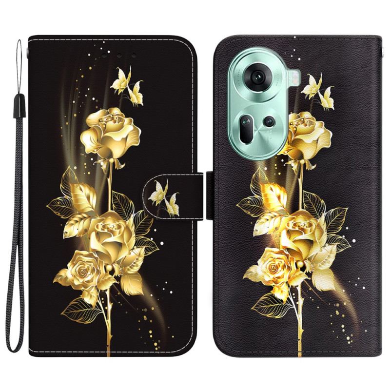 Kožna Futrola Oppo Reno 11 5g Zlatni I Ružičasti Leptiri S Remenom