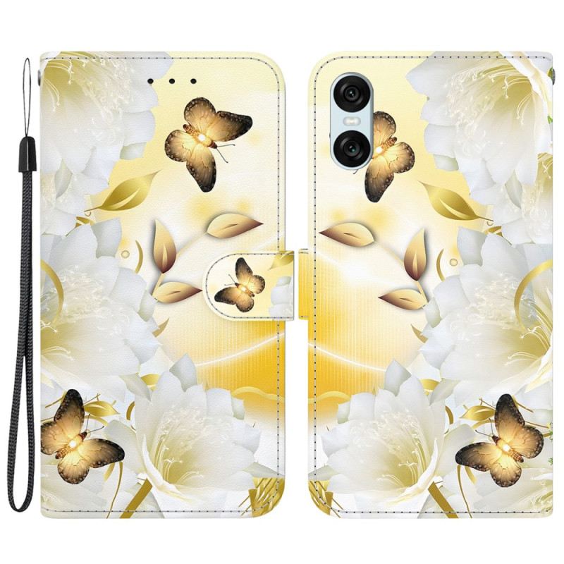 Kožna Futrola Sony Xperia 10 Vi Zlatni Leptiri I Bijeli Cvjetovi S Remenom