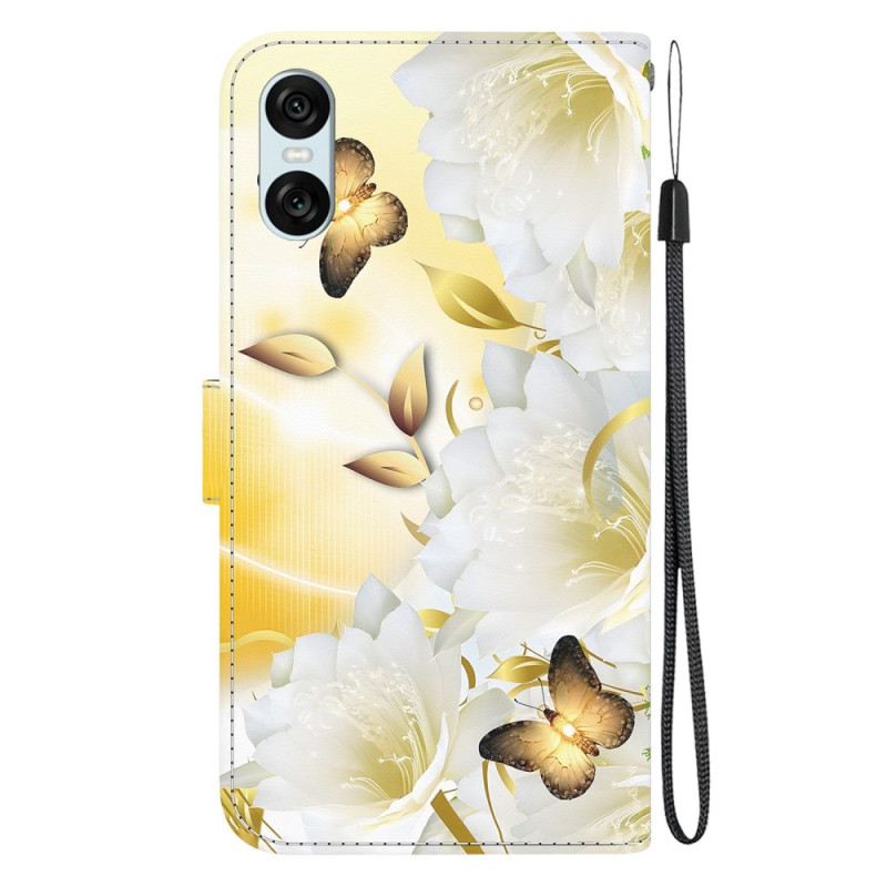 Kožna Futrola Sony Xperia 10 Vi Zlatni Leptiri I Bijeli Cvjetovi S Remenom