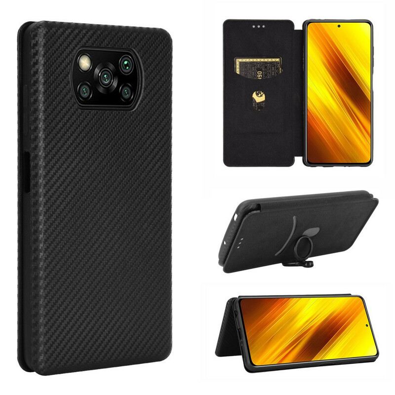 Flip Futrola Poco X3 / X3 Pro / X3 NFC Kožna Futrola Karbonska Vlakna S Potpornim Prstenom