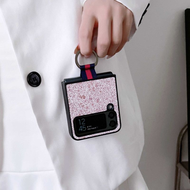 Flip Futrola Samsung Galaxy Z Flip 4 Kožna Futrola Šljokice S Prstenom