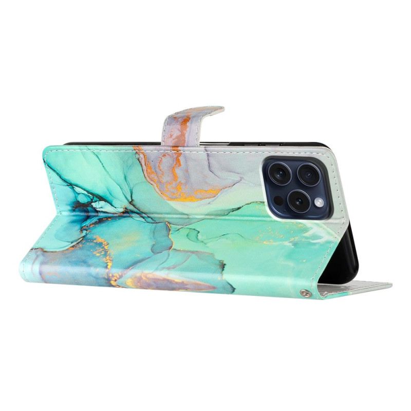 Kožna Futrola Za iPhone 16 Pro Max Zeleni Mramor S Remenom