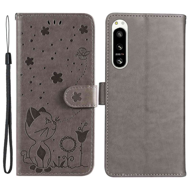 Kožna Futrola Sony Xperia 5 IV Mačka I Pčela S Uzicom