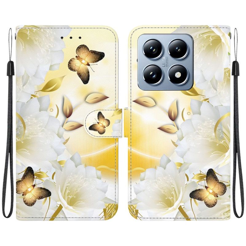 Kožna Futrola Xiaomi 14t Pro Zlatni Leptiri I Bijelo Cvijeće