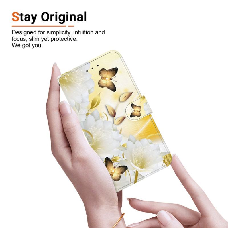 Kožna Futrola Xiaomi 14t Pro Zlatni Leptiri I Bijelo Cvijeće