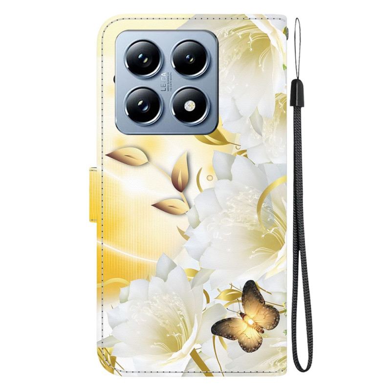 Kožna Futrola Xiaomi 14t Pro Zlatni Leptiri I Bijelo Cvijeće