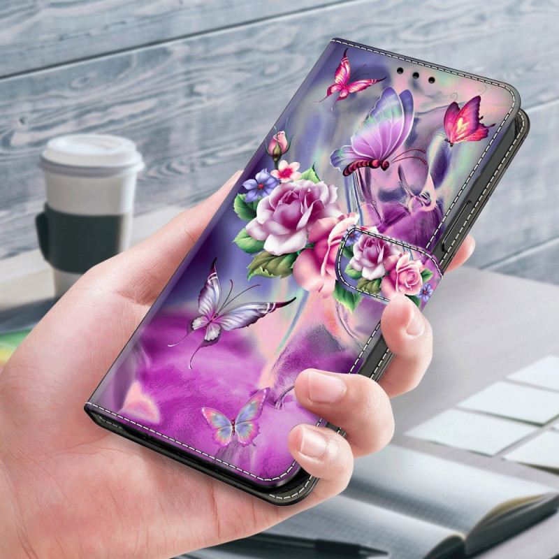 Kožna Futrola Za Samsung Galaxy S24 5g Leptiri I Cvjetovi Ljubičice