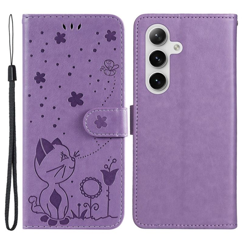 Kožna Futrola Za Samsung Galaxy S24 5g Mačka I Pčele S Remenom