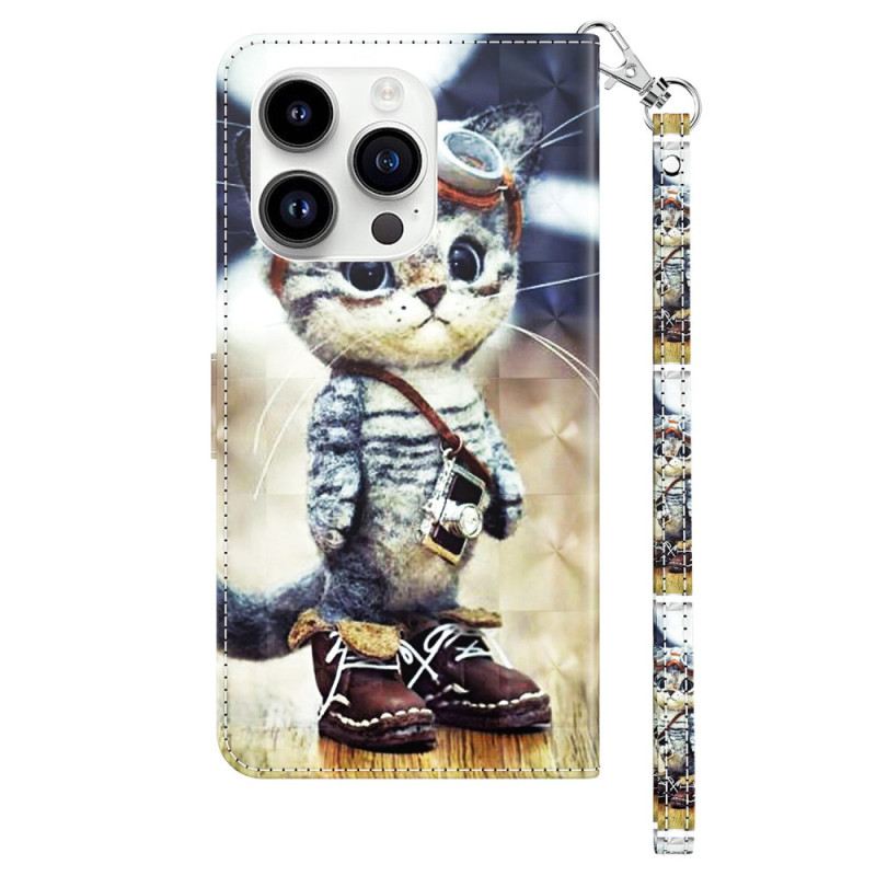 Futrola iPhone 15 Pro Mačka Avijatičar S Remenom