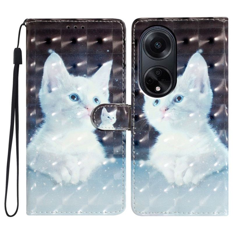 Kožna Futrola Za Oppo A98 5g 3d Bijela Mačka S Remenom