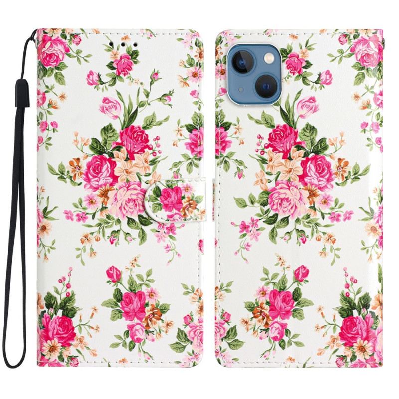 Kožna Futrola iPhone 15 Cvijeće Slobode S Remenom