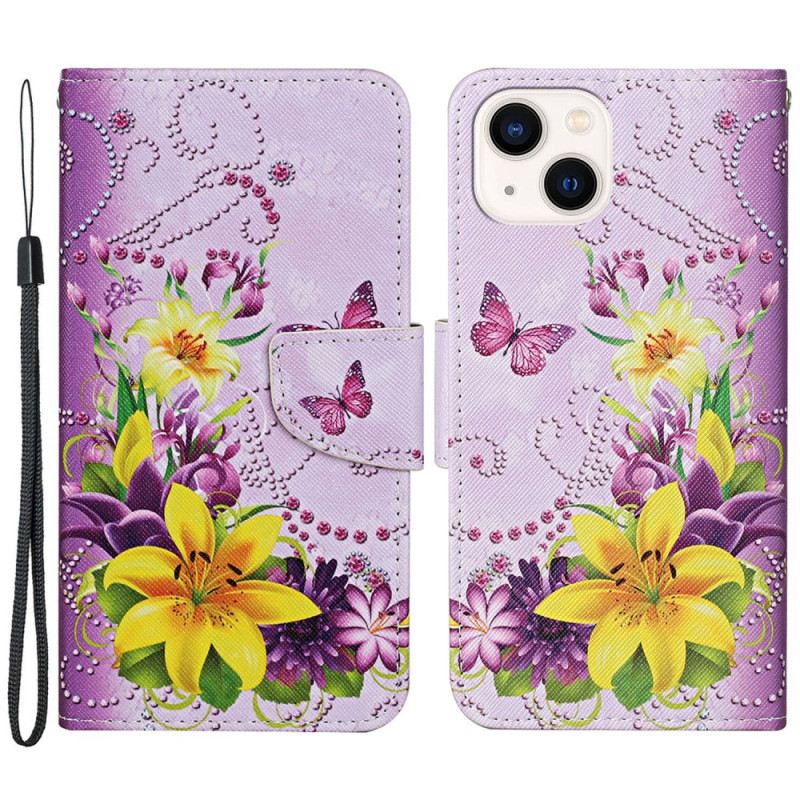 Kožna Futrola iPhone 15 Leptiri I Cvijeće S Remenom