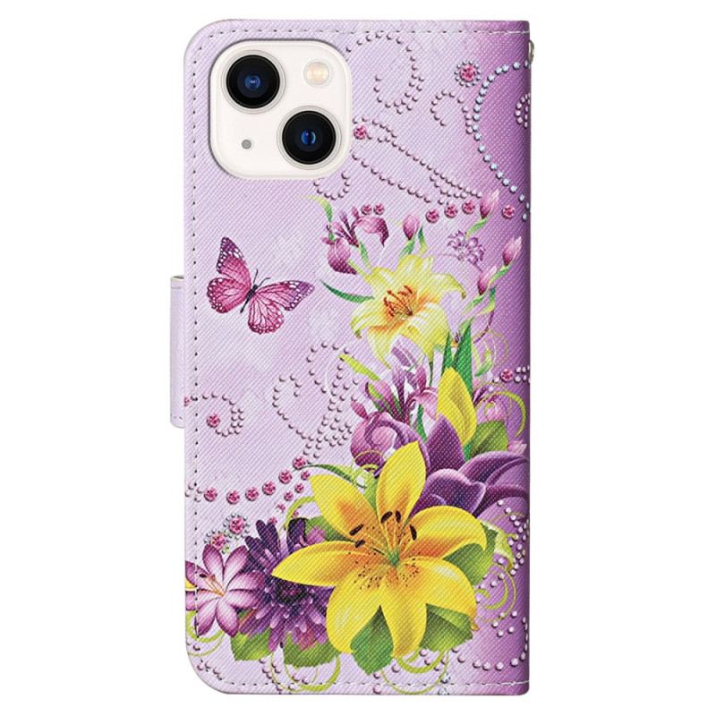 Kožna Futrola iPhone 15 Leptiri I Cvijeće S Remenom