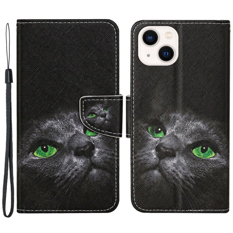 Kožna Futrola iPhone 15 Zelenooka Mačka S Remenom