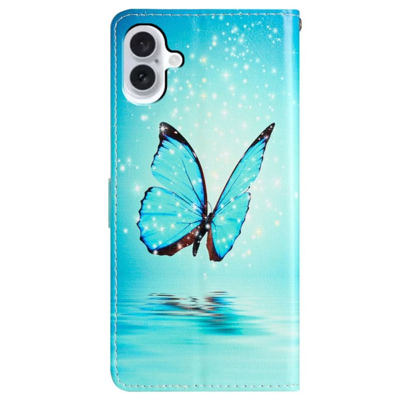 Kožna Futrola iPhone 16 Plavi Leptir S Remenom