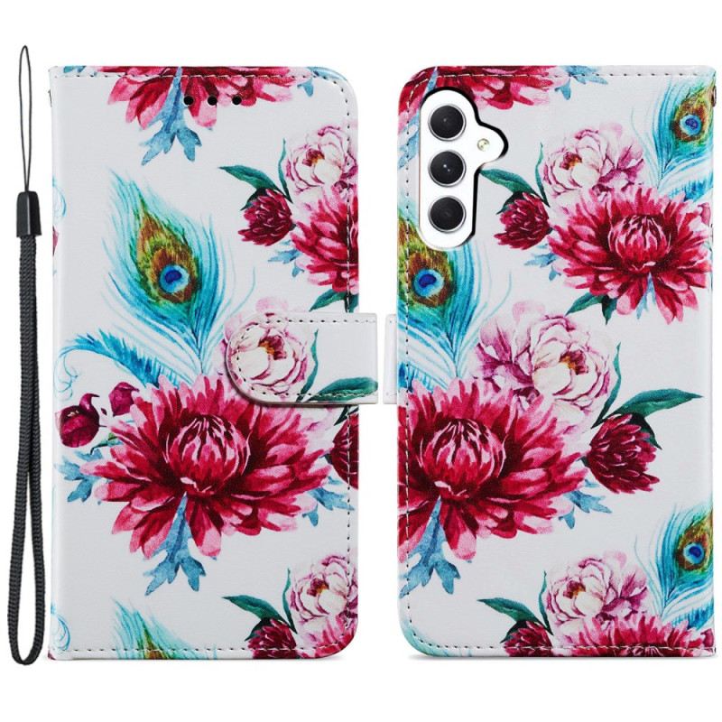 Kožna Futrola Za Samsung Galaxy A55 5g Crveno Cvijeće S Remenom
