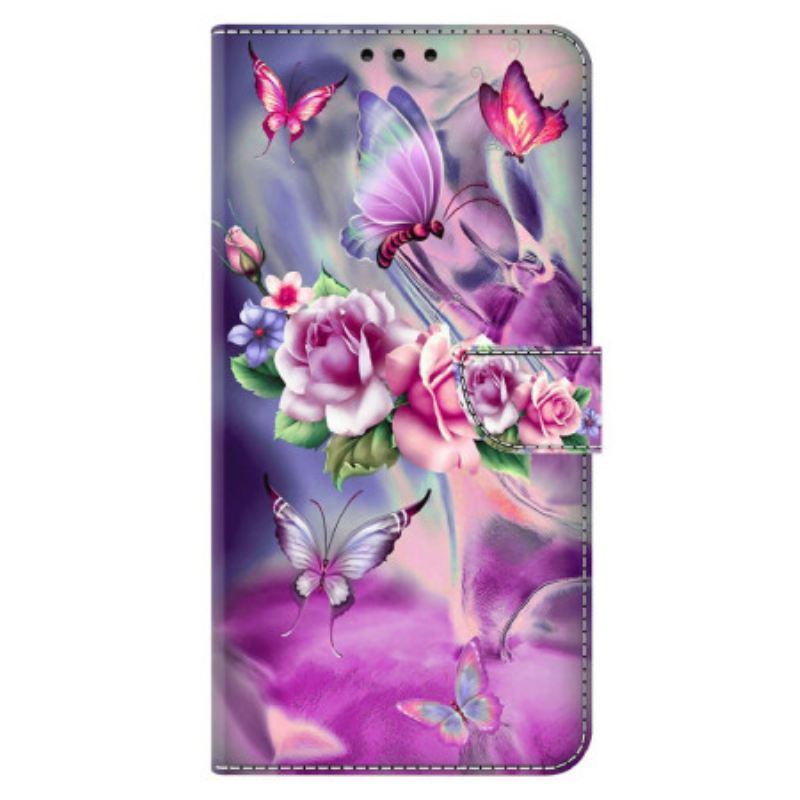 Kožna Futrola Za Xiaomi Redmi Note 13 5g Ljubičasti Leptiri I Cvijeće
