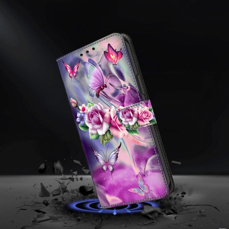 Kožna Futrola Za Xiaomi Redmi Note 13 5g Ljubičasti Leptiri I Cvijeće