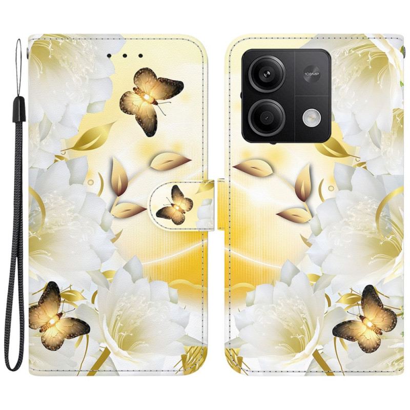 Kožna Futrola Za Xiaomi Redmi Note 13 5g Zlatni Leptiri I Bijelo Cvijeće