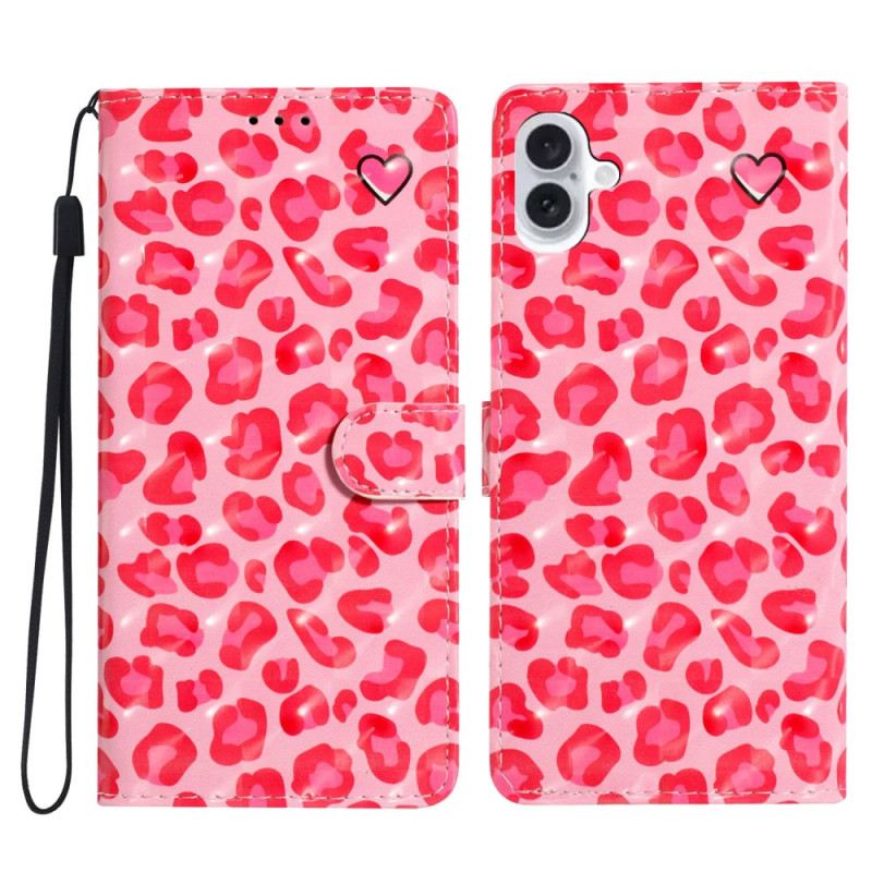 Kožna Futrola iPhone 16 Plus Ružičasti Leopard S Remenom