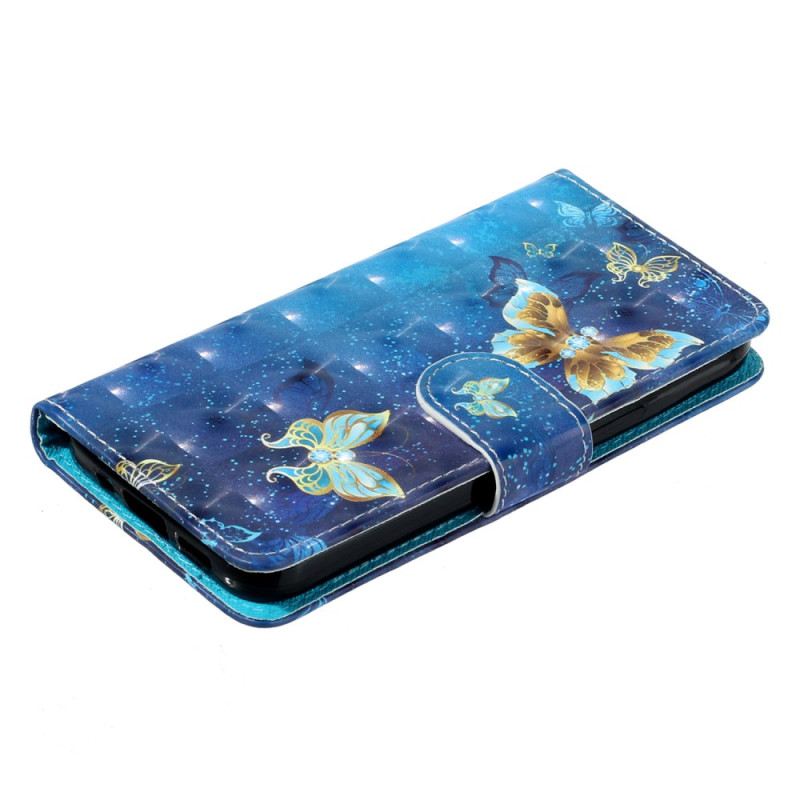Kožna Futrola iPhone 16 Pro Plavi I Zlatni Leptiri S Remenom