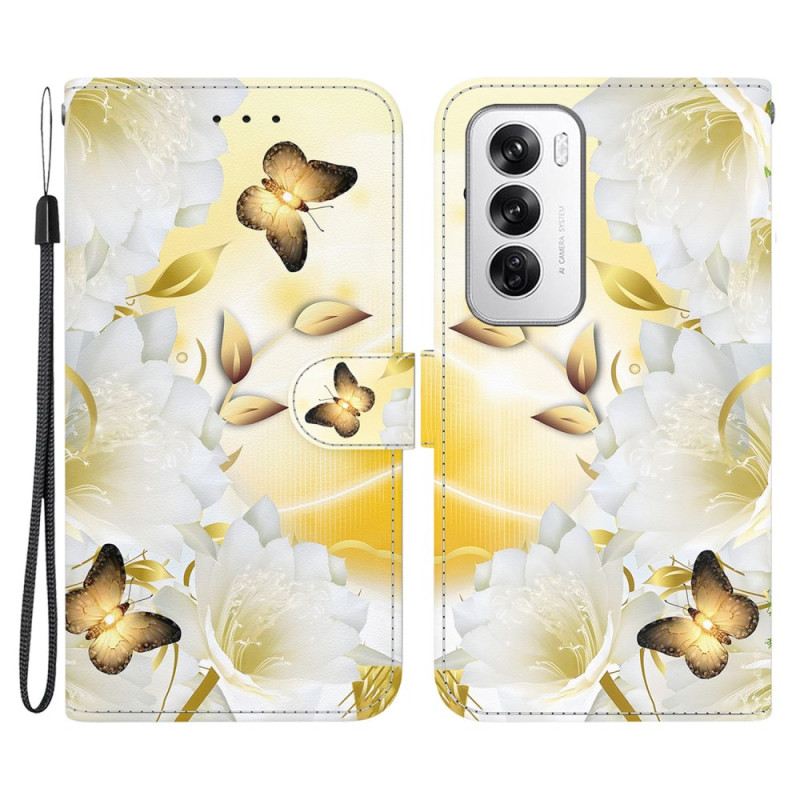 Kožna Futrola Za Oppo Reno 12 5g Zlatni Leptiri I Cvijeće S Remenom