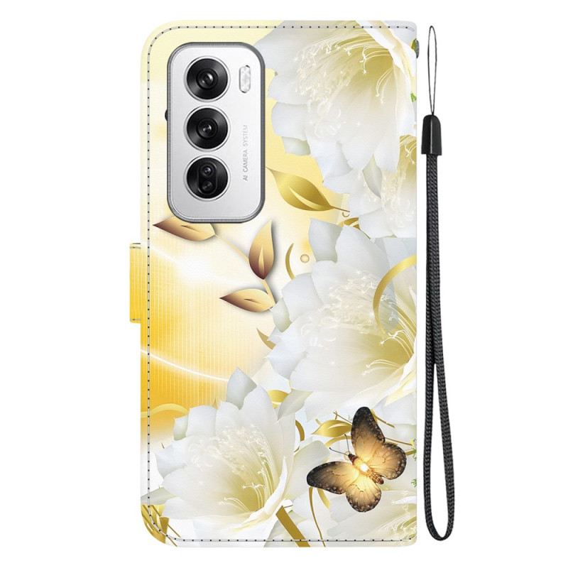 Kožna Futrola Za Oppo Reno 12 5g Zlatni Leptiri I Cvijeće S Remenom